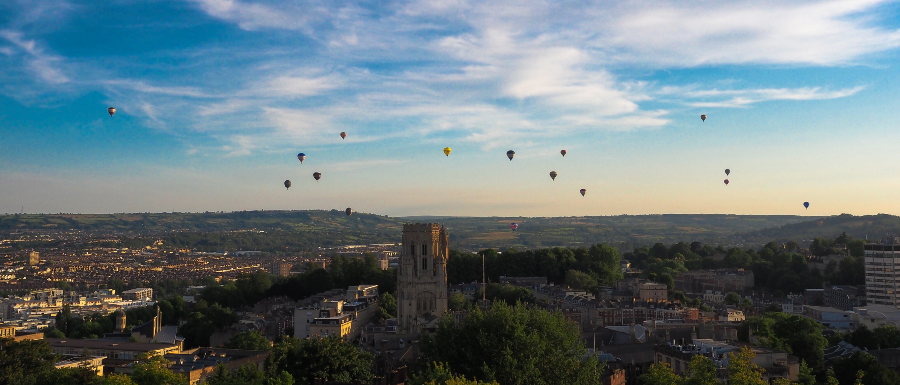 Bristol skyline with hot air balloons